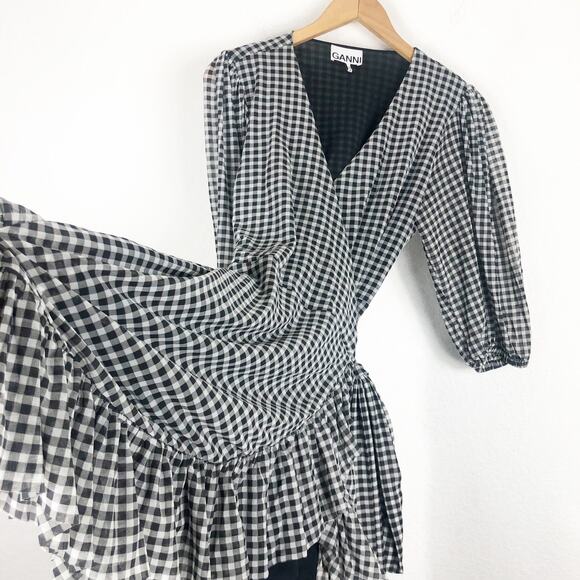 Ganni Gingham Mesh Wrap Mini Dress Size 40 Ruffle Stretch Black White Check - Picture 11 of 13